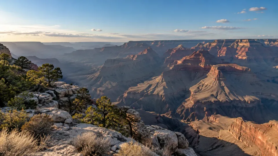 Fotorealistisches KI-Motiv des Grand Canyon mit Felswänden, Wacholder und natürlichem Nachmittagslicht