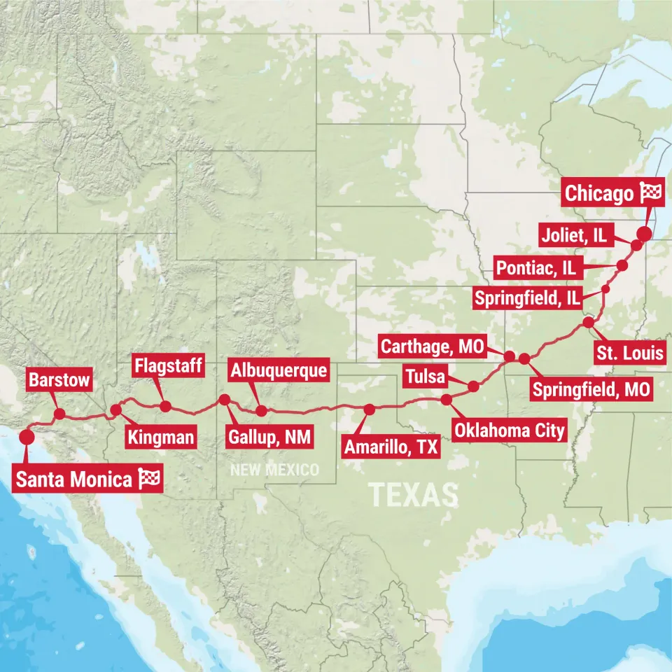 Karte des Route-66-Roadtrips von Chicago bis Santa Monica