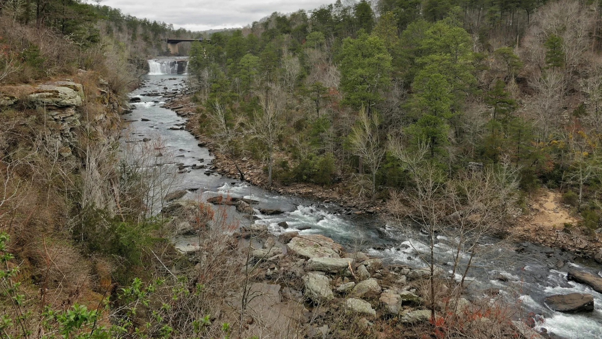 Der Little River fließt zwischen bewaldeten Felswänden durch den Little River Canyon in Alabama