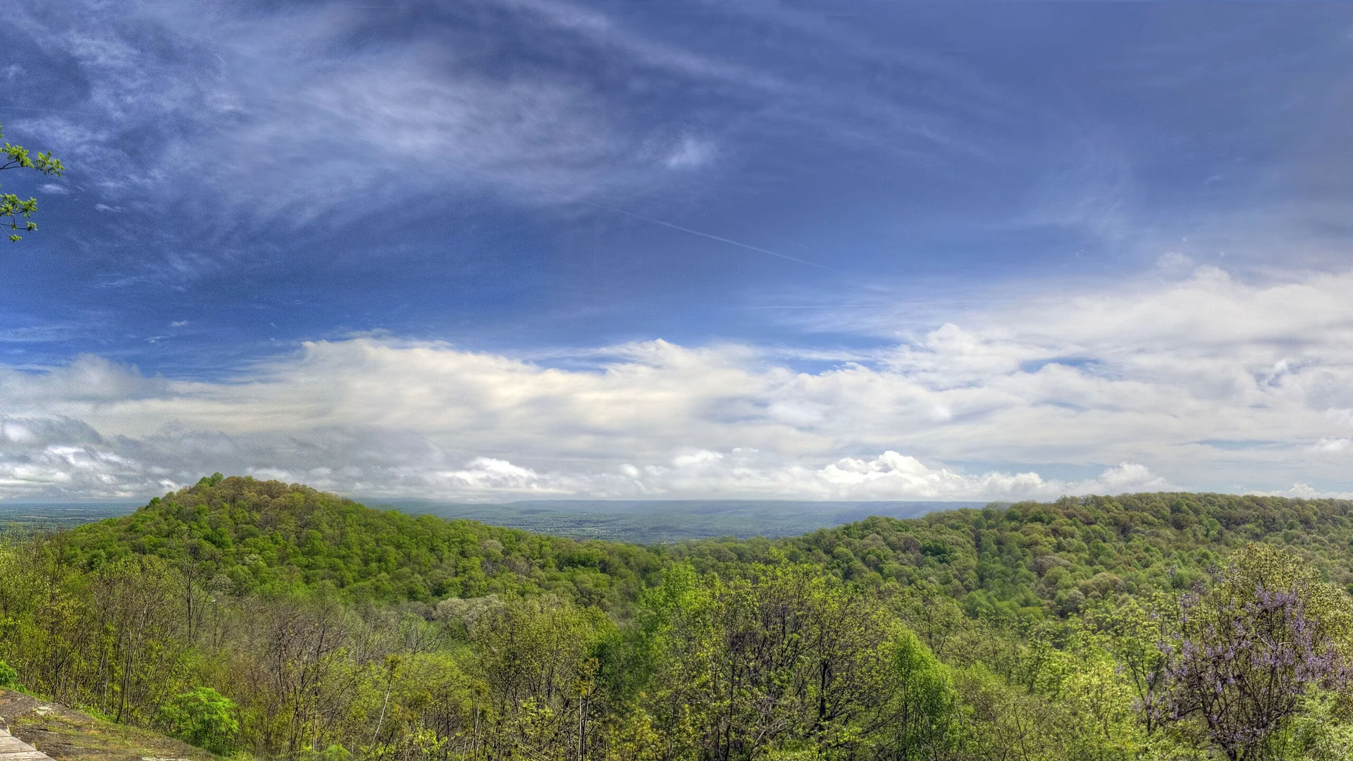 Frühlingsgrüne Bergrücken unter weitem Himmel am Aussichtspunkt des Monte Sano State Park