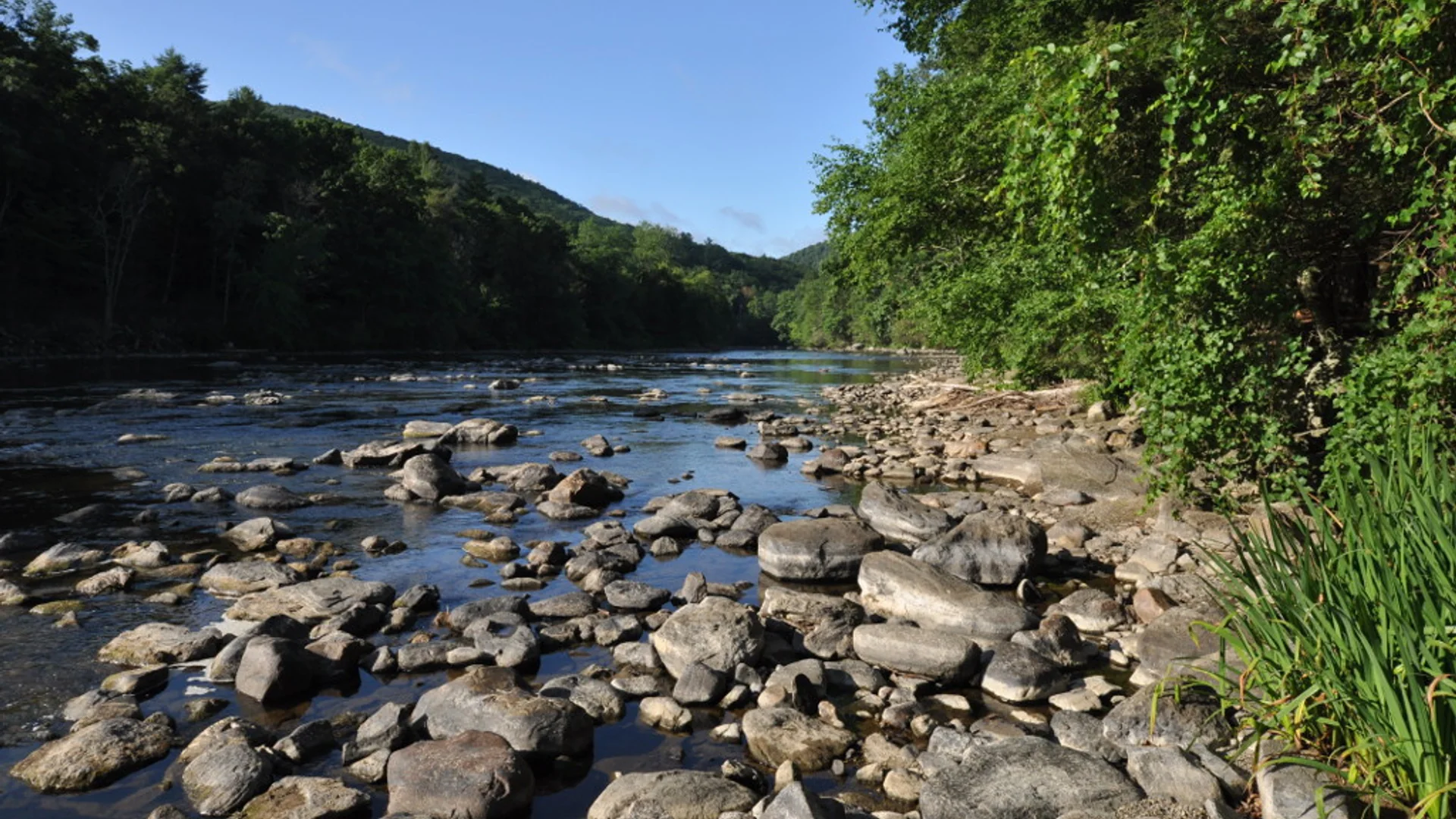 Flaches felsiges Ufer des Housatonic River neben dem Housatonic Meadows State Park