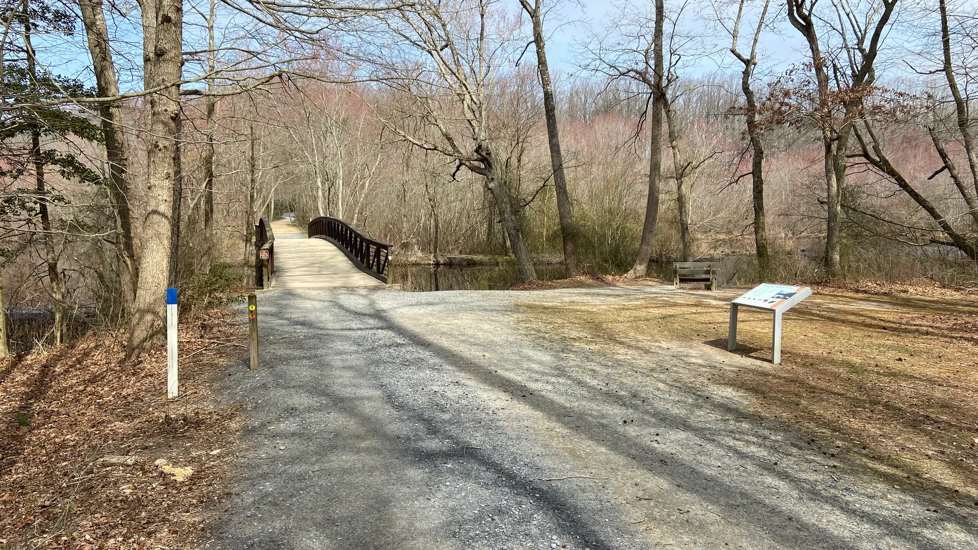 Breiter Waldweg mit kleiner Fußgängerbrücke im Killens Pond State Park