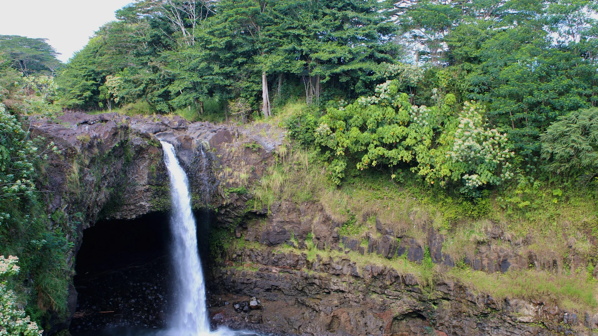 Rainbow Falls fällt über eine dunkle Lavakante im Wailuku River State Park