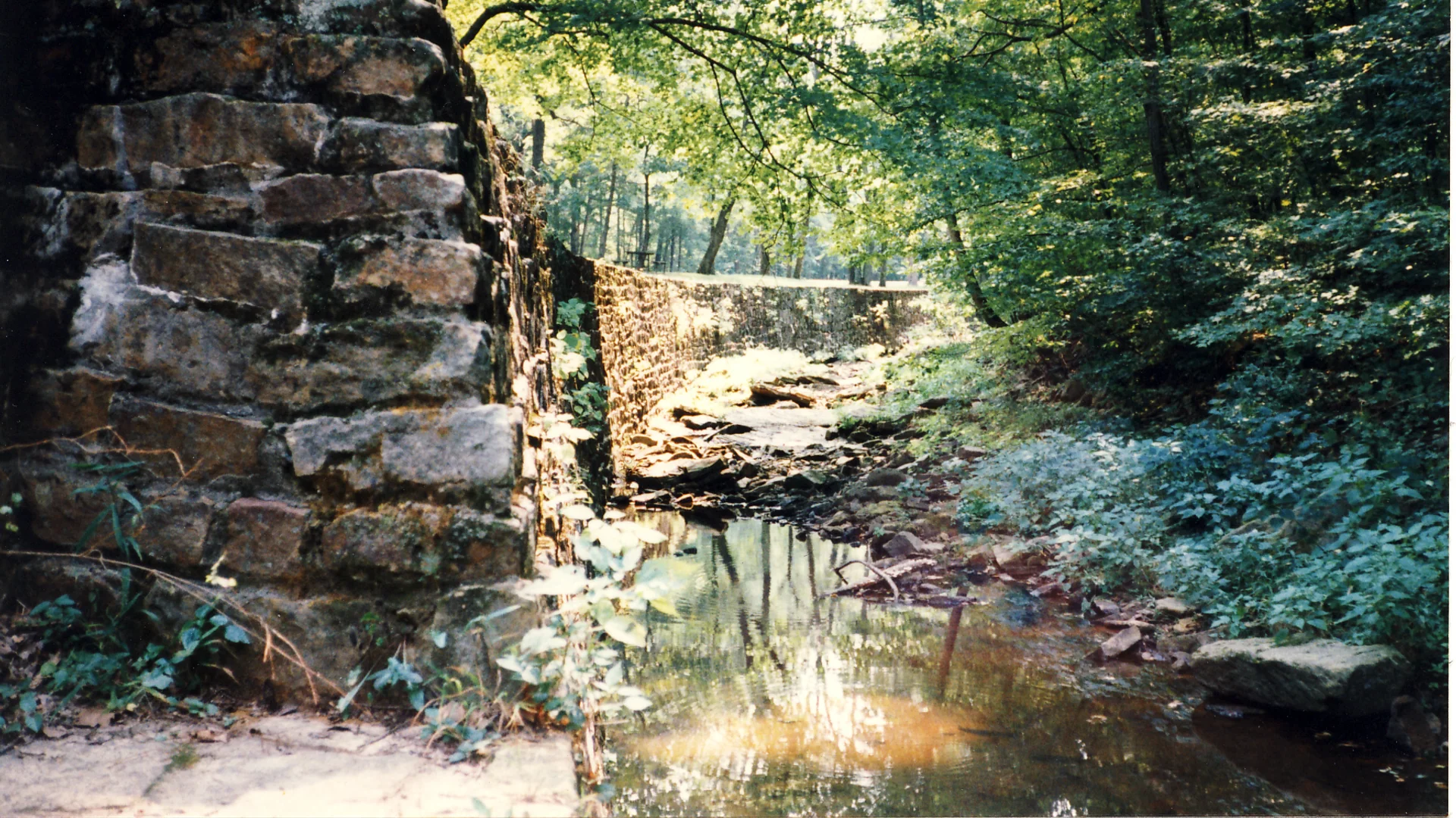 Historische Steinmauer und Wald spiegeln sich in einem Teich im Giant City State Park