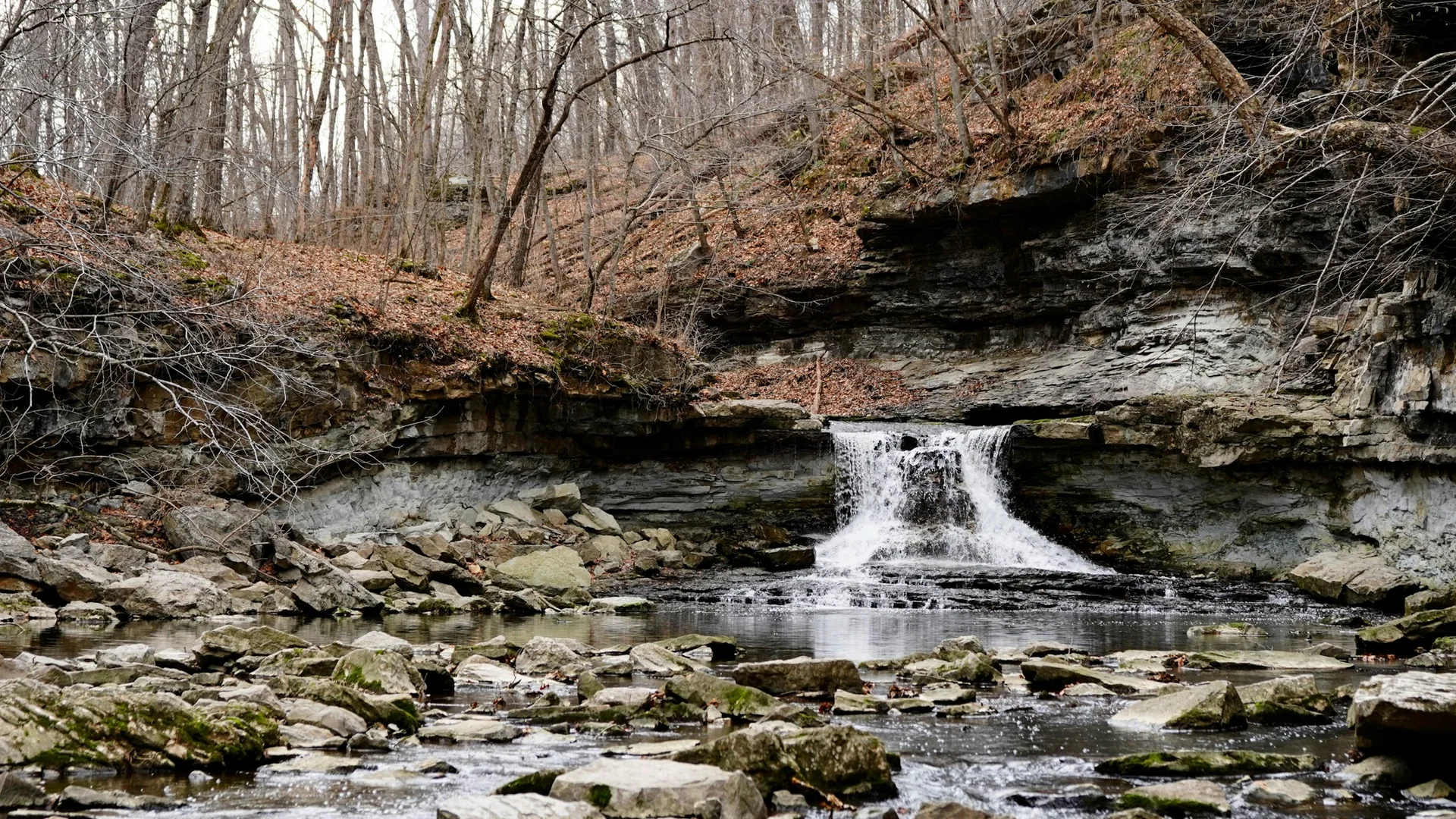 Kleiner Wasserfall fließt über Felsstufen im McCormick’s Creek State Park