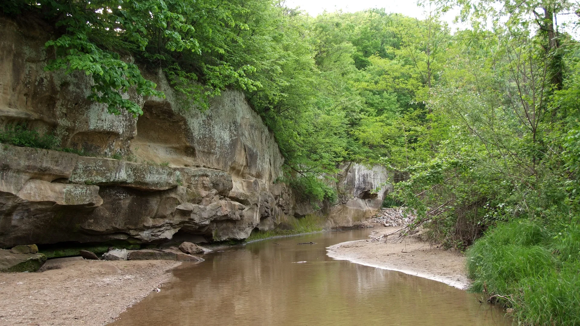 Pea’s Creek fließt zwischen bewaldeten Sandsteinwänden im Ledges State Park