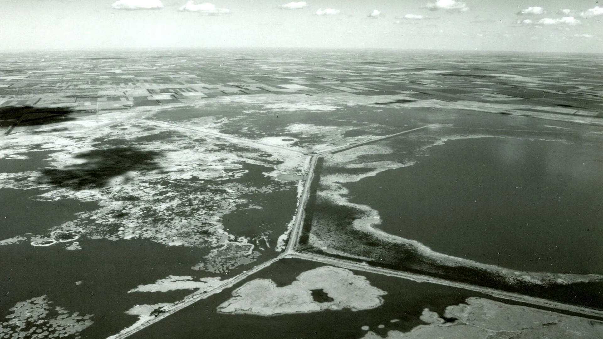 Luftbild zeigt Wasserflächen und Dämme im Cheyenne Bottoms Wildlife Area