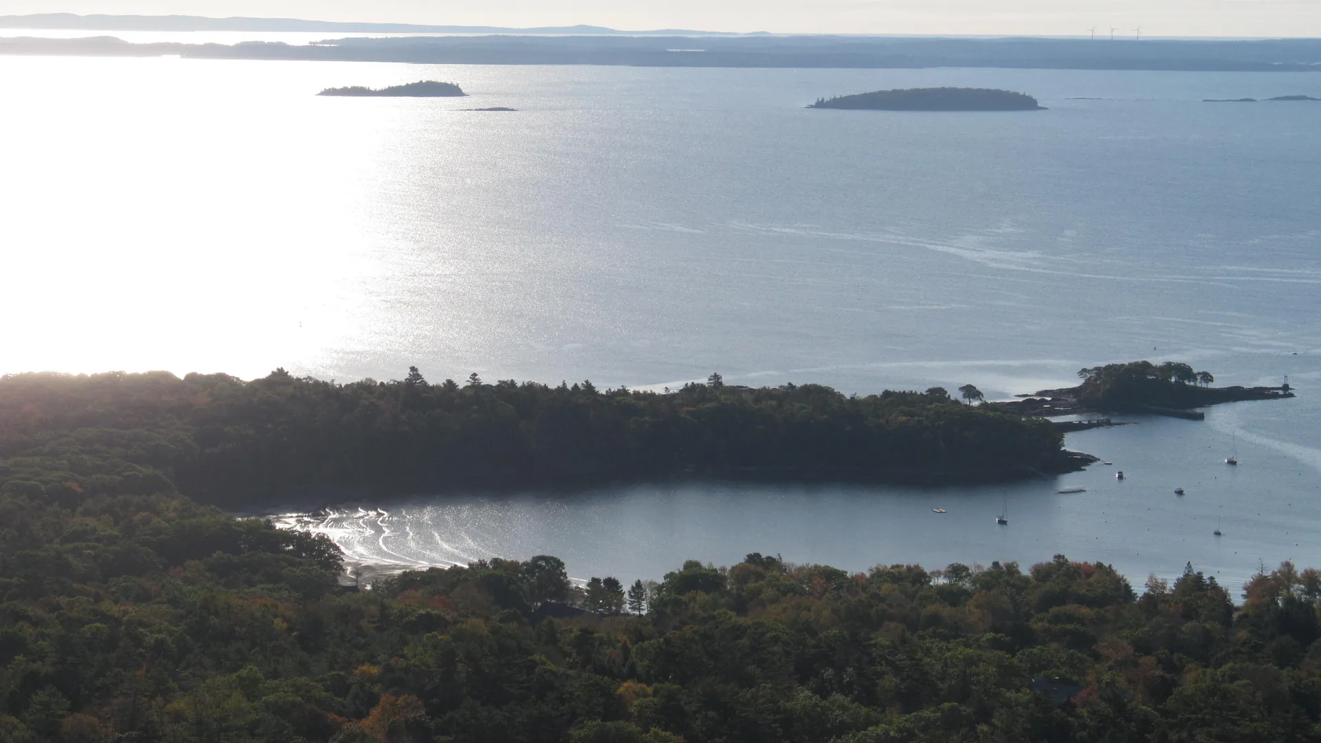 Blick vom Camden Hills State Park über Wald, Küste und Inseln der Penobscot Bay