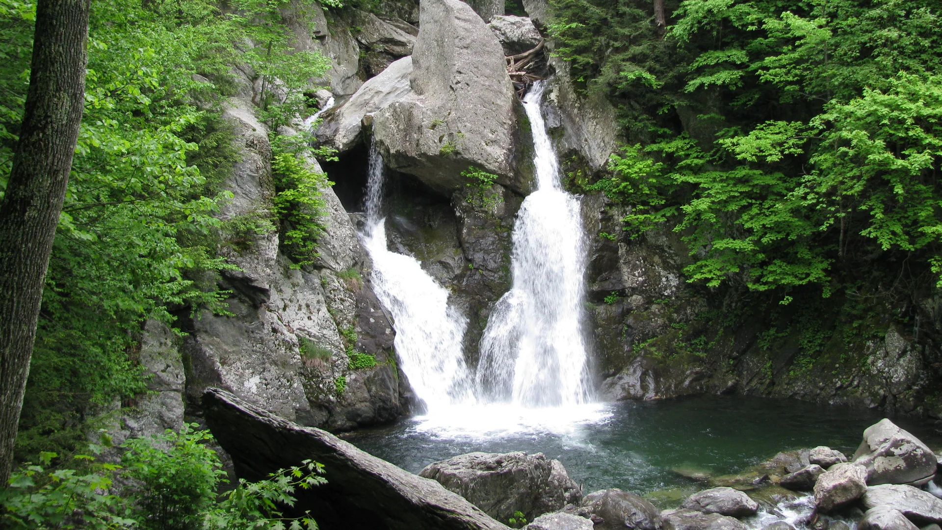 Bash Bish Falls stürzt zwischen bewaldeten Felsen im Südwesten von Massachusetts