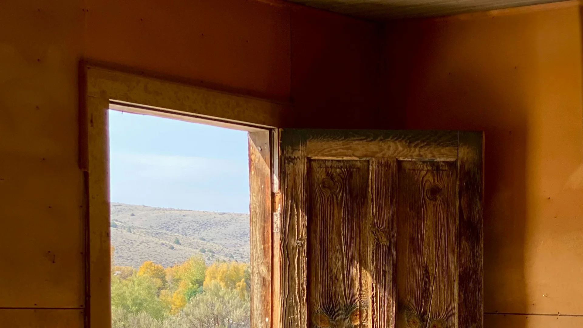 Geöffnete Holztür in einem erhaltenen Gebäude der Geisterstadt Bannack in Montana
