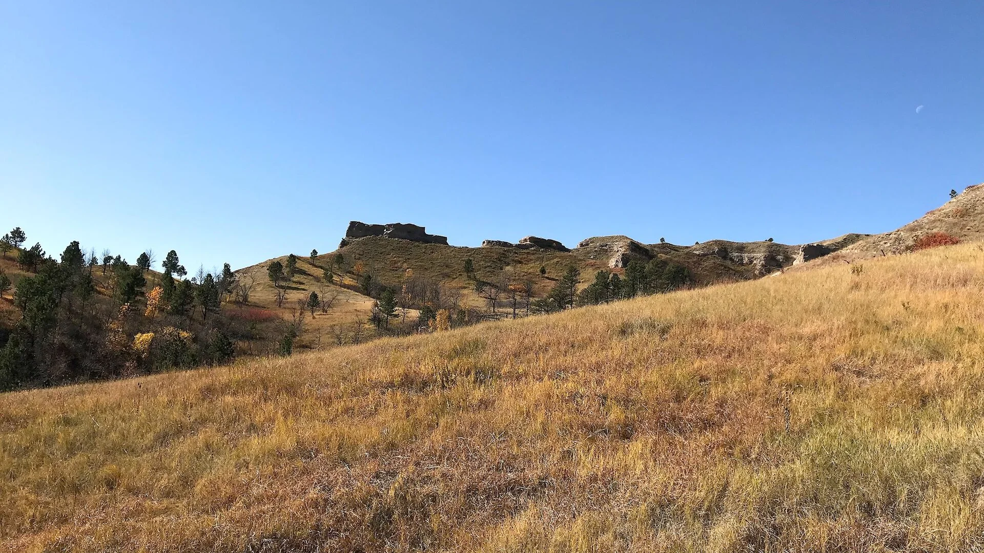 Goldene Graslandschaft und markante Felsrücken im Chadron State Park