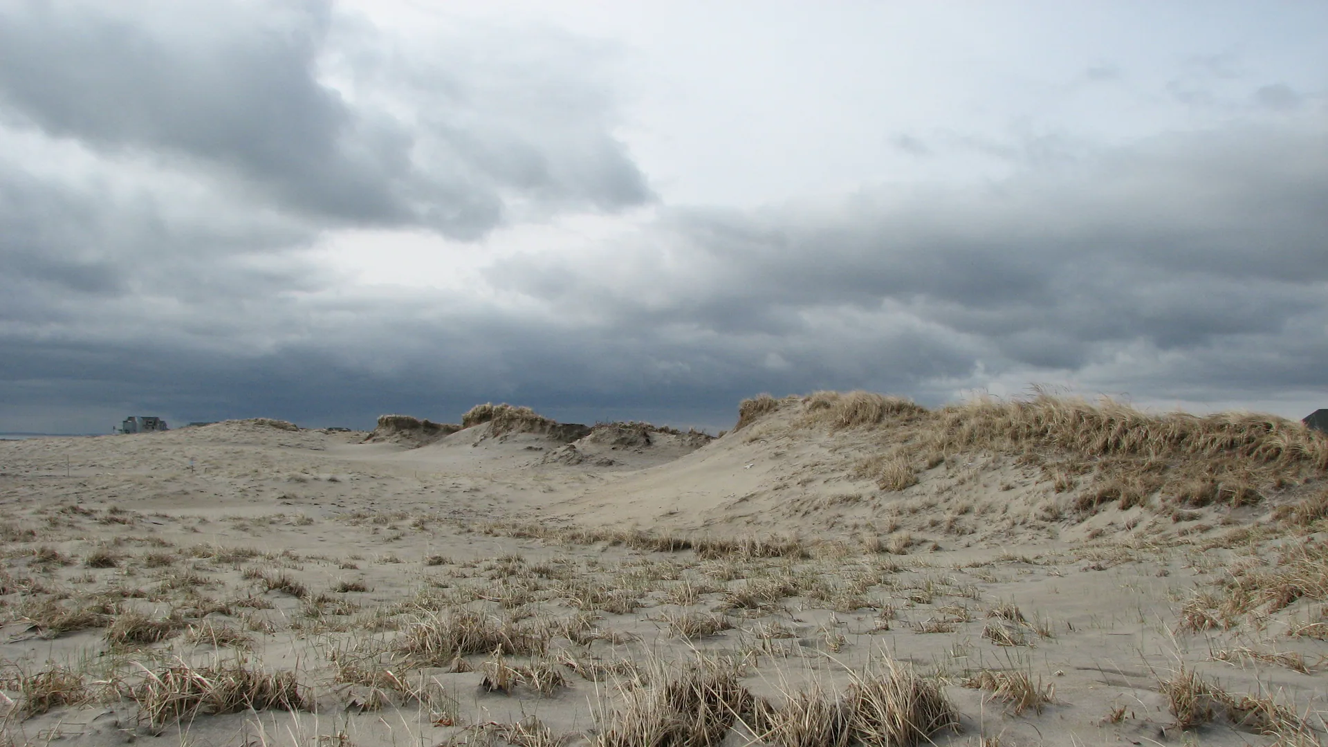Dünen und Strandgras unter dunklen Wolken am Hampton Beach in New Hampshire
