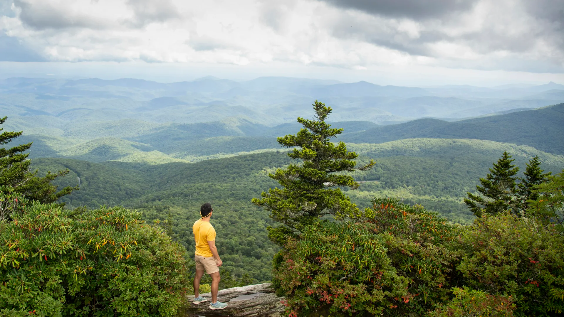Wanderer blickt von einem Felsvorsprung über die bewaldeten Berge am Grandfather Mountain