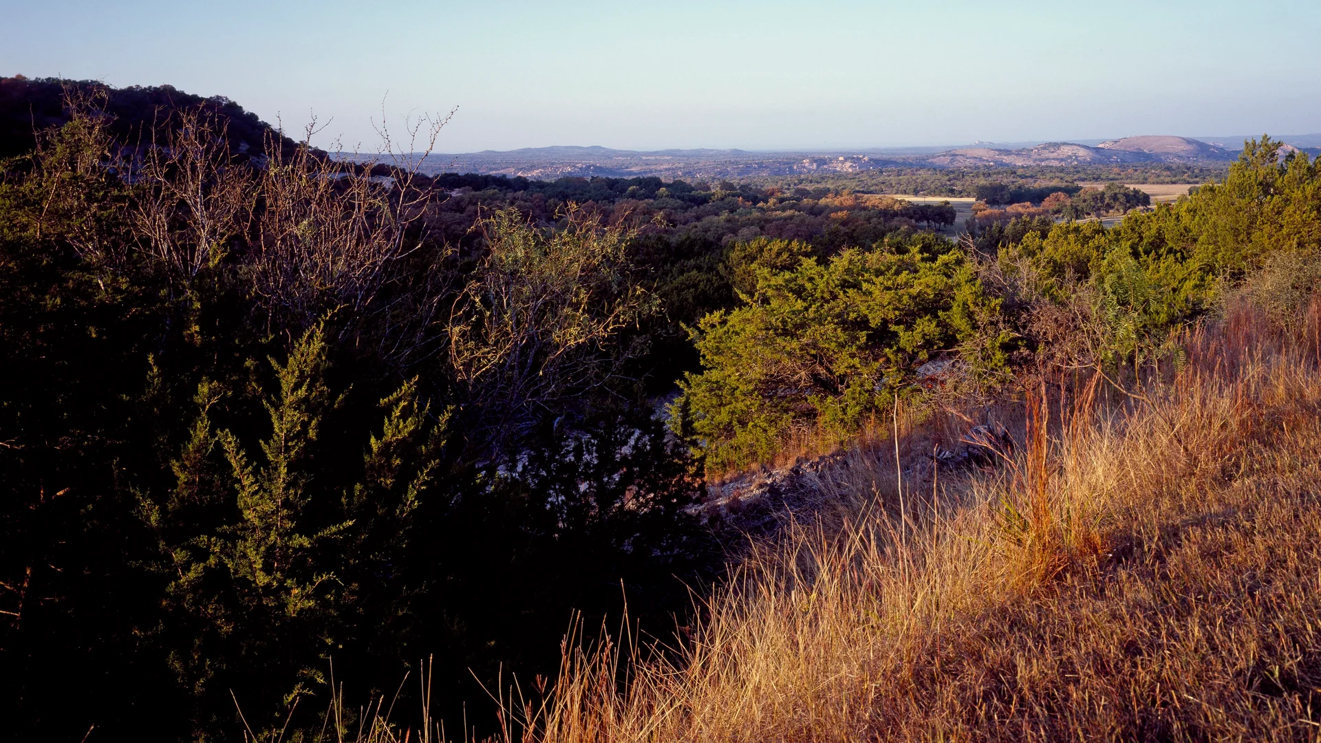 Felsige Hügel und weite Landschaft in der Enchanted Rock State Natural Area
