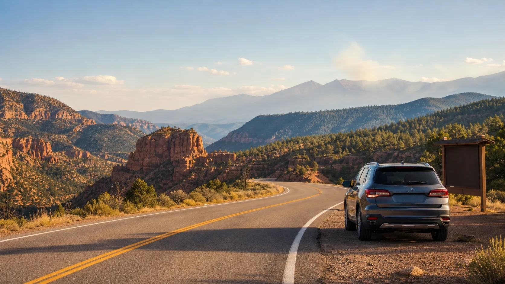 Straße in den USA mit Nationalpark-Landschaft und leichtem Sommerdunst