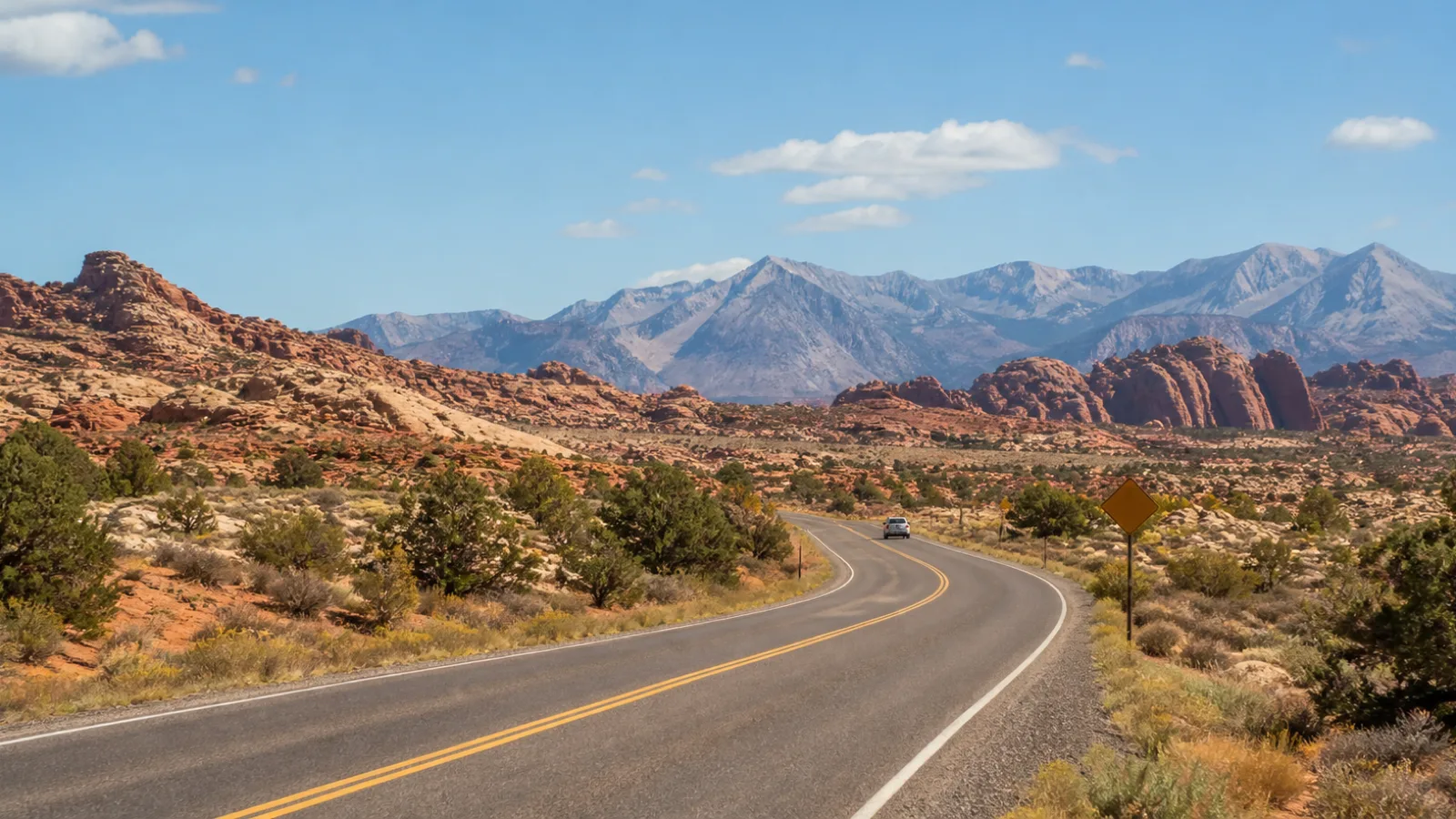 Roadtrip-Szene im Westen der USA mit Straße, Bergen, Wüste und klarer Sommerluft