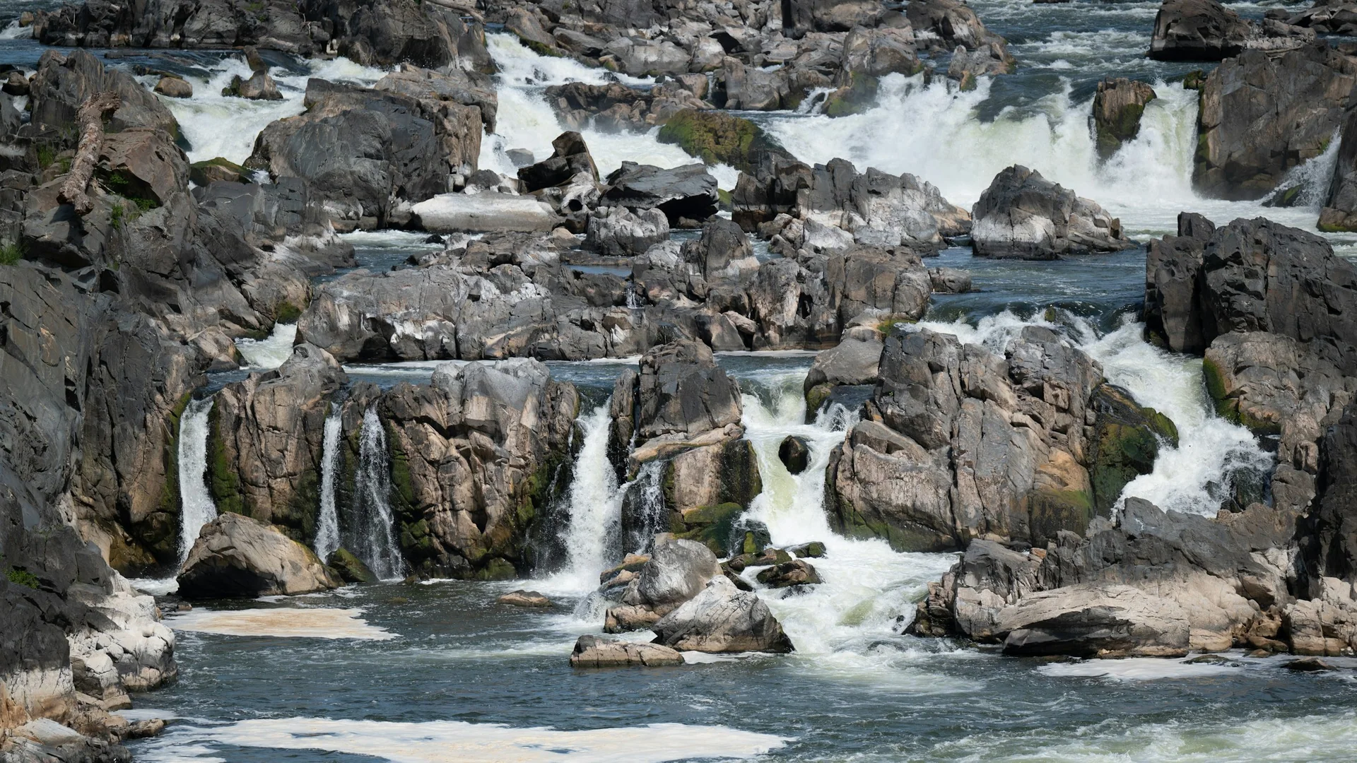 Nahansicht der Stromschnellen zwischen Felsen im Great Falls Park