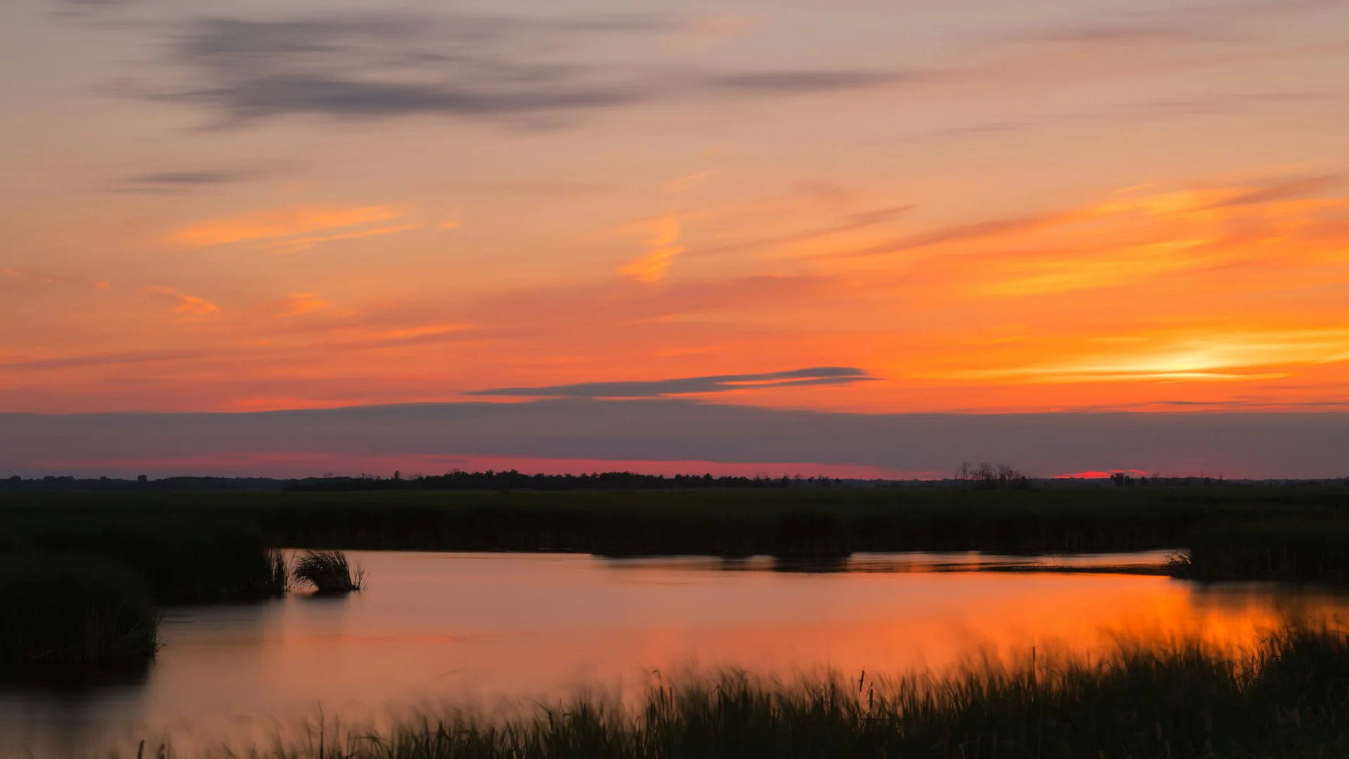 Orangefarbener Sonnenuntergang spiegelt sich in den Wasserflächen der Horicon Marsh