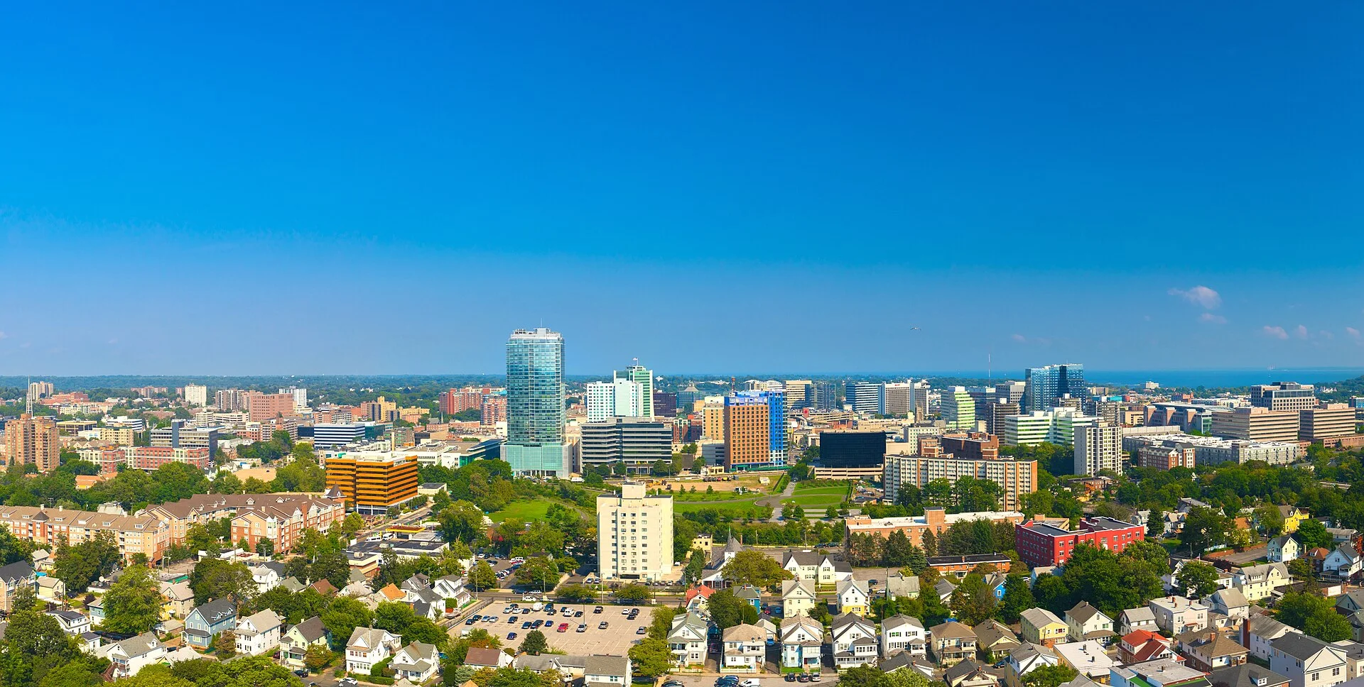 Downtown Stamford, Connecticut Skyline facing west as taken from the roof of Stamford Hospital.