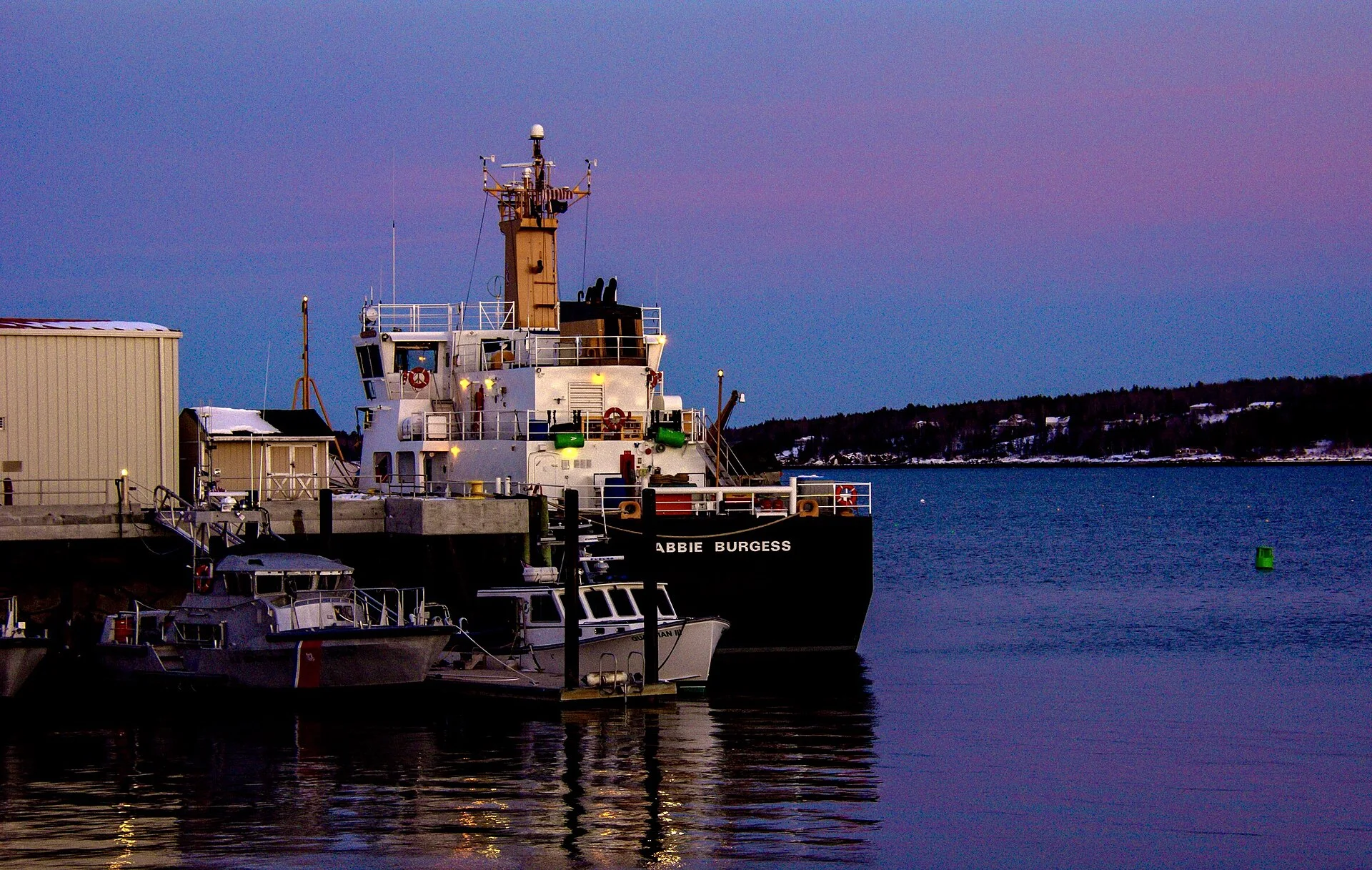 Coast guard boat at dusk in Rockland, Maine