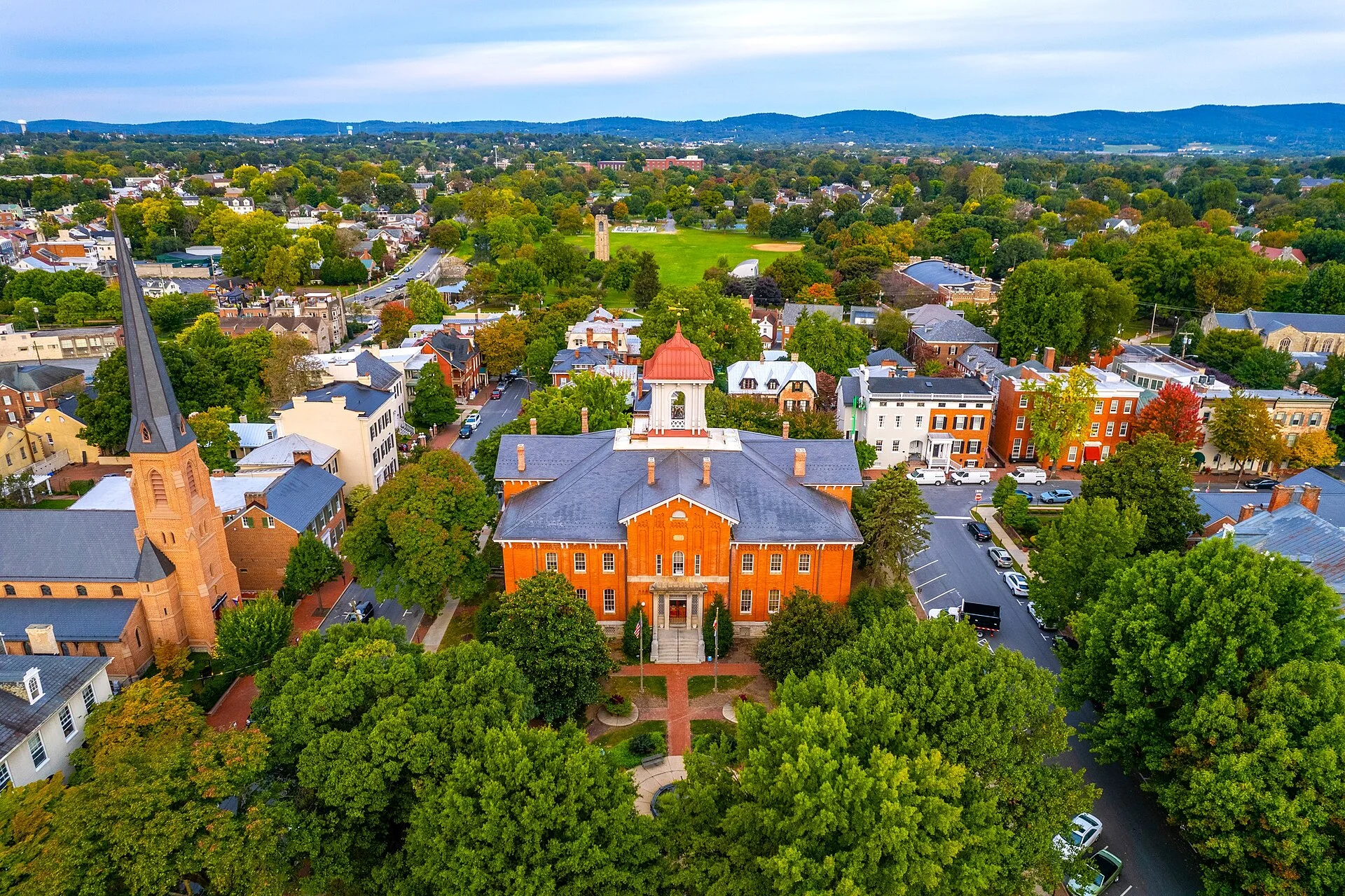 An aerial photograph of Frederick, Maryland's city hall in 2022.
