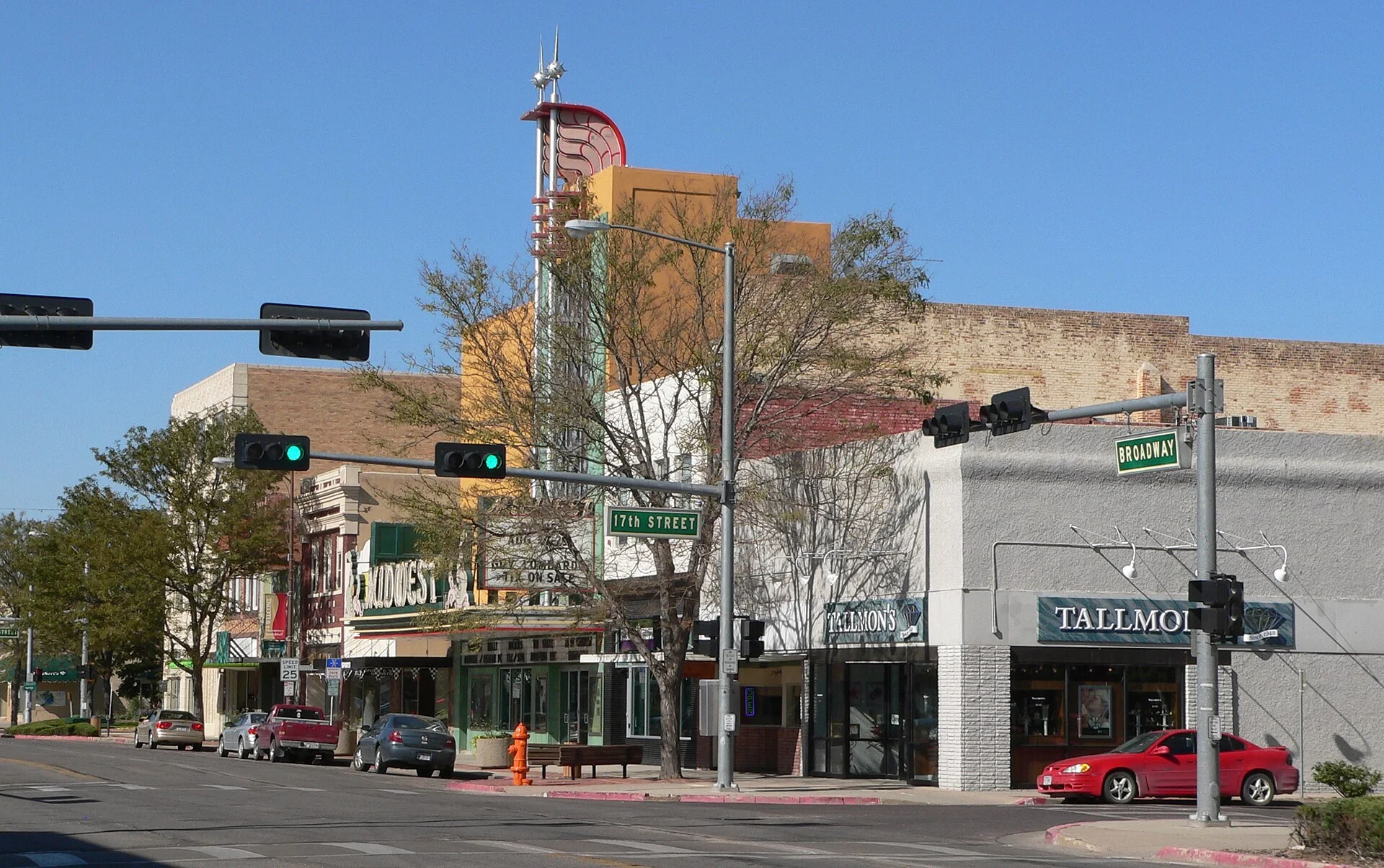 East side of Broadway between 17th and 18th Streets in Scottsbluff, Nebraska. Just left of center is the Midwest Theater. The Modernistic building was constructed in 1946. It is listed in the National Register of Historic Places.