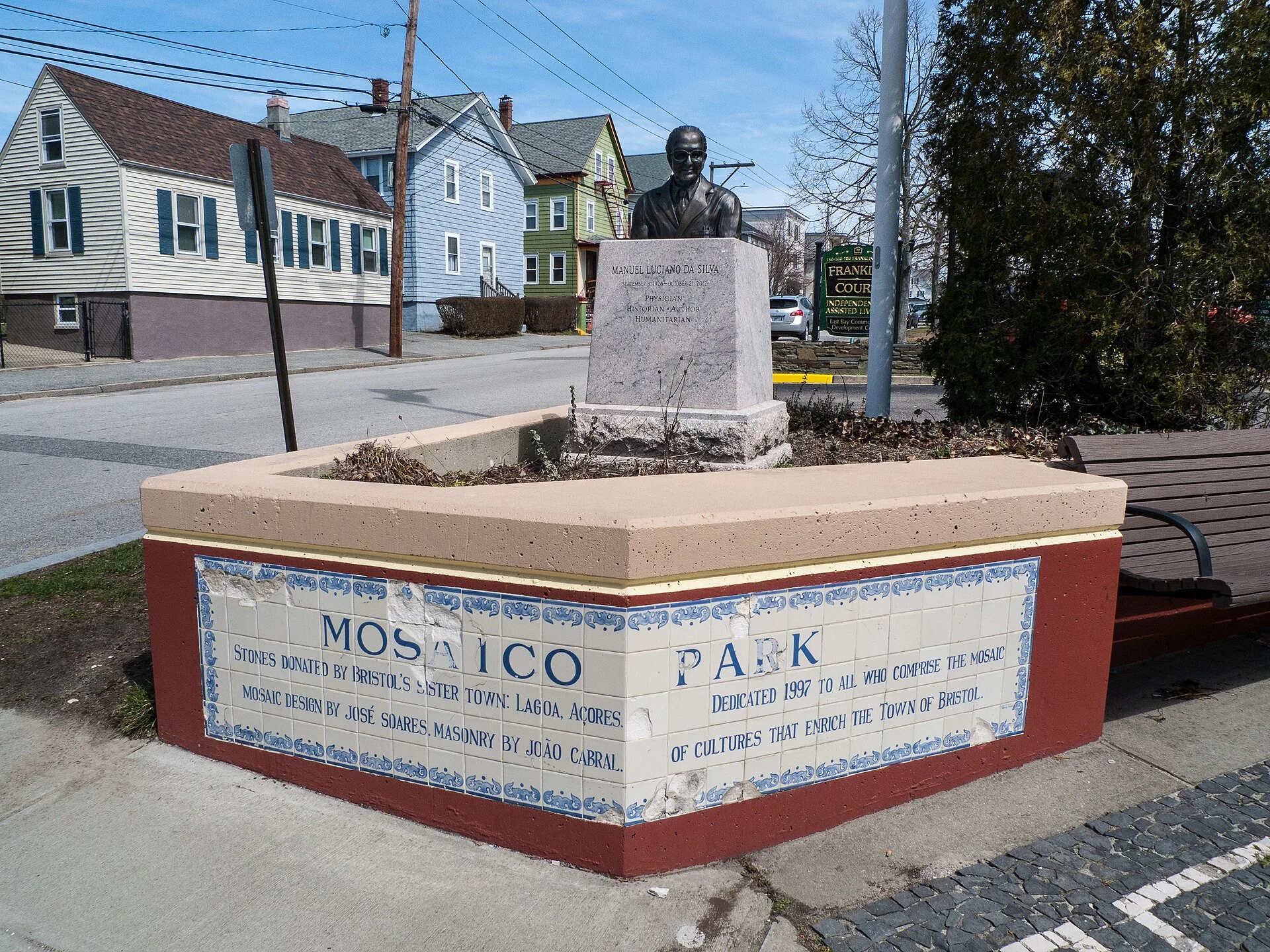 Mosaico Park, with statue of Manuel Luciano Da Silva. Stones donated by Bristol's sister town, Lagoa, Açores. Dedicated 1997. Bristol, Rhode Island.