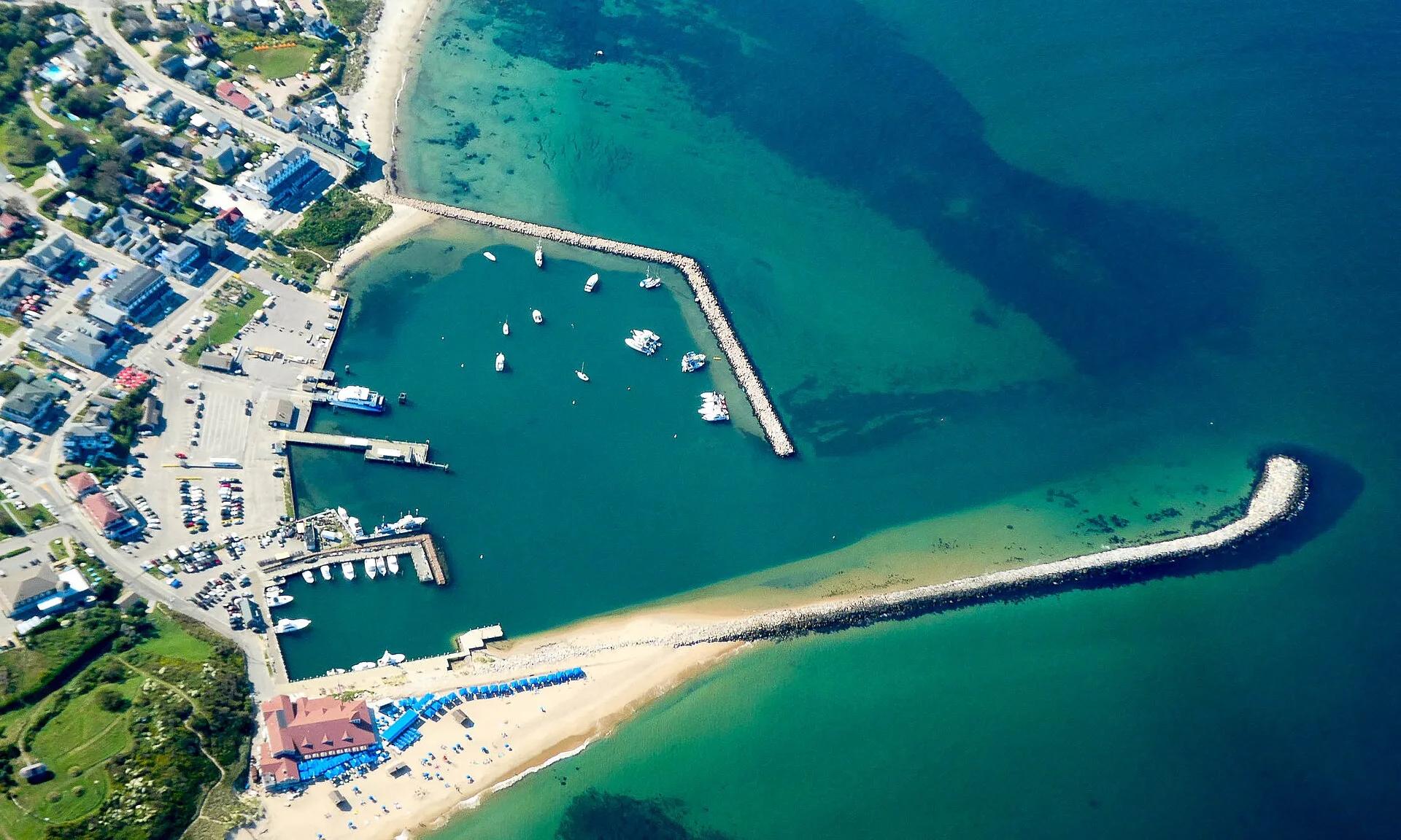 This is an aerial view of Old Harbor in New Shoreham, RI, one of two harbors on Block Island.
