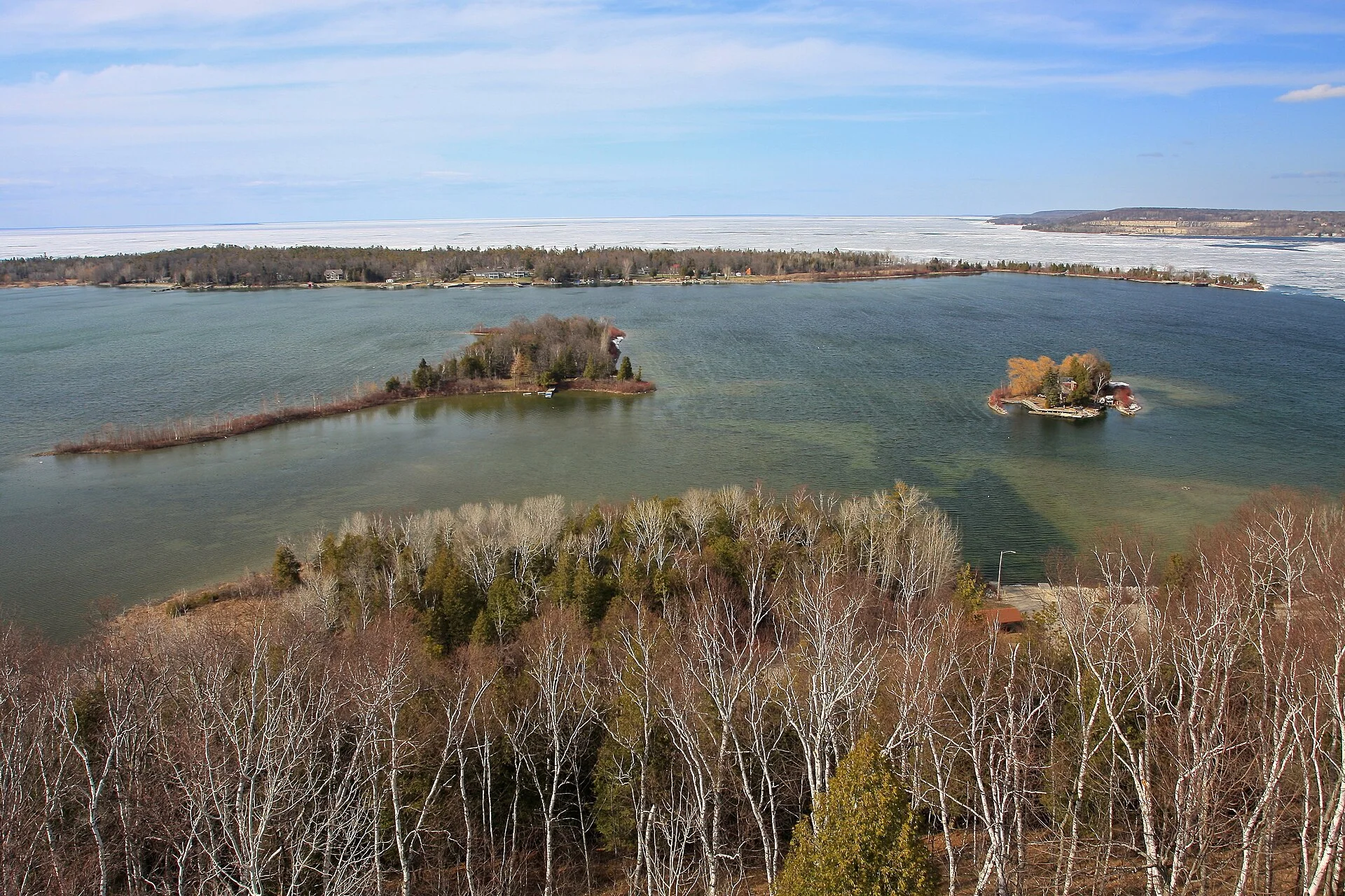 View of Sawyer Harbor and the mouth of Sturgeon Bay from the observation tower at Potawatomi State Park in Door County, Wisconsin, April 26, 2014