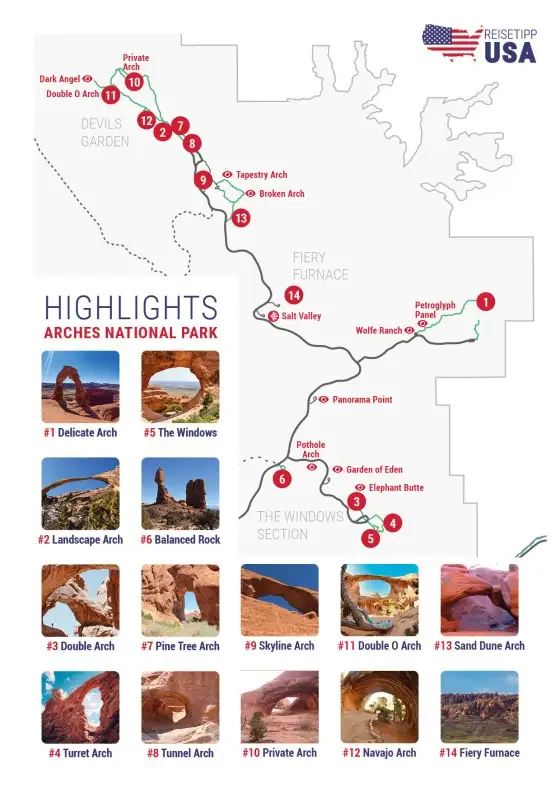 Karte mit Highlights im Arches Nationalpark