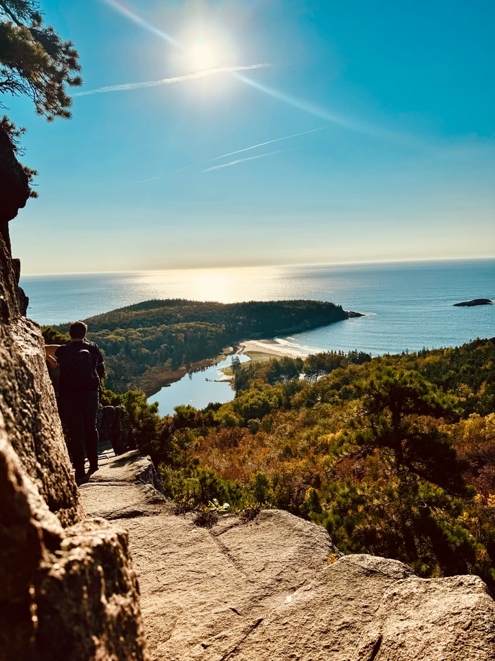 Blick vom felsigen Beehive Trail über Wald und Sand Beach zum Atlantik
