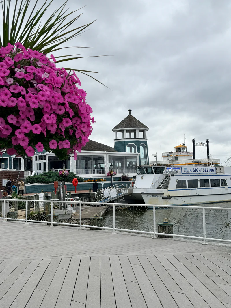 Blumenkübel, Holzpromenade und Ausflugsboot an der Waterfront von Alexandria
