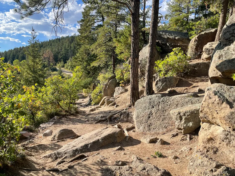 Unebene natürliche Steinstufen auf einem Wanderweg im Castlewood Canyon