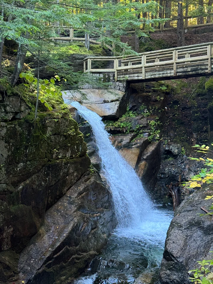 Sabbaday Falls mit Holzgeländer am Weg über der Felsrinne
