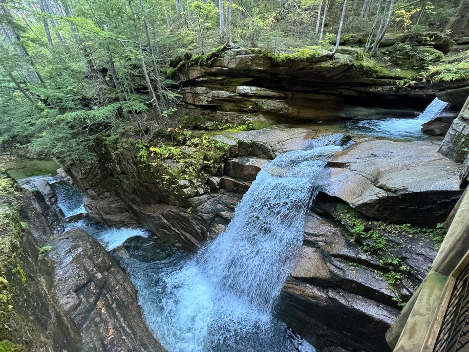 Wasserfall und Felsbecken der Sabbaday Falls zwischen Bäumen