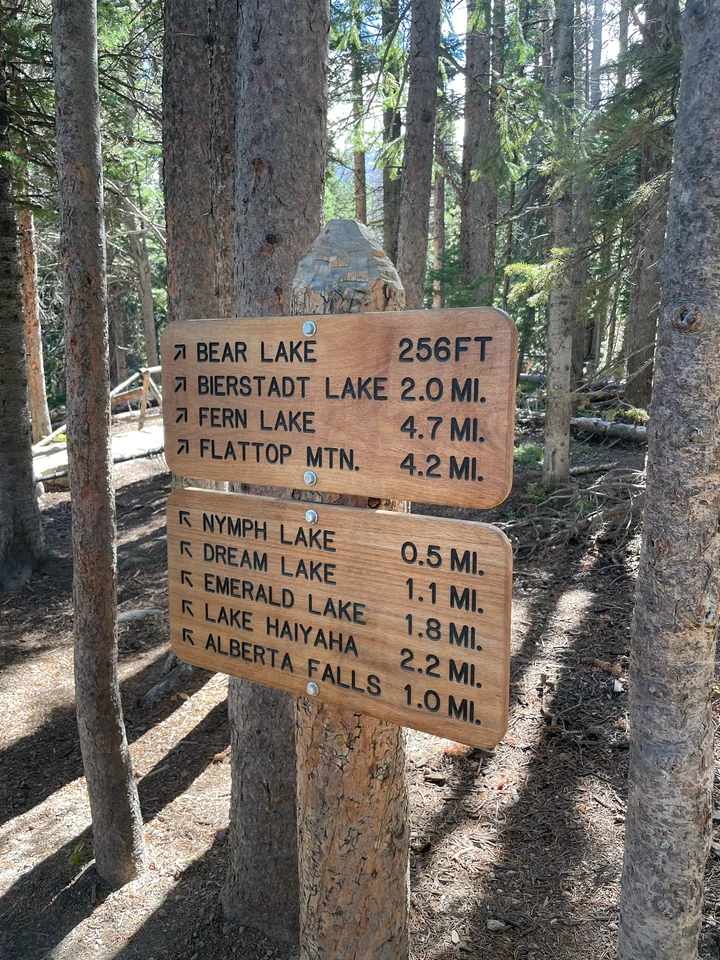 Wegweiser für Nymph Lake, Dream Lake und Emerald Lake am Wanderweg