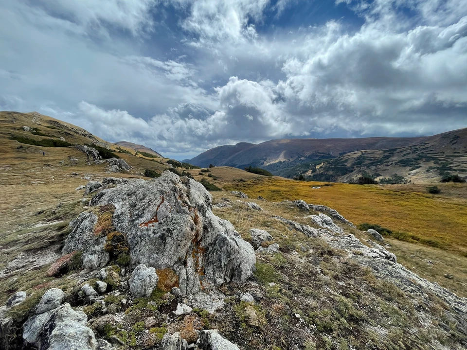 Felsiger Aussichtspunkt und weite Berglandschaft oberhalb der Baumgrenze