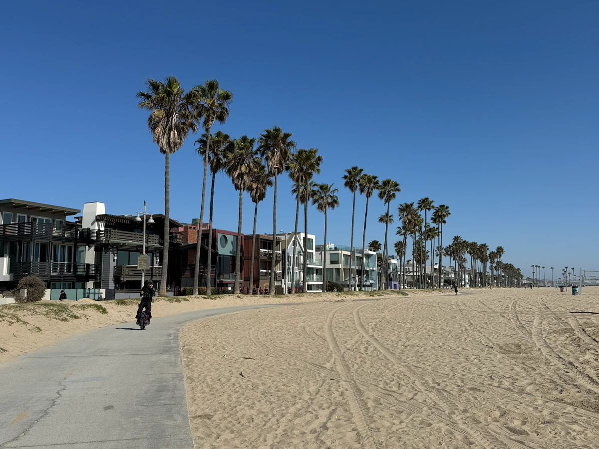 Breiter Sandstrand und Palmen vor den Häusern von Venice