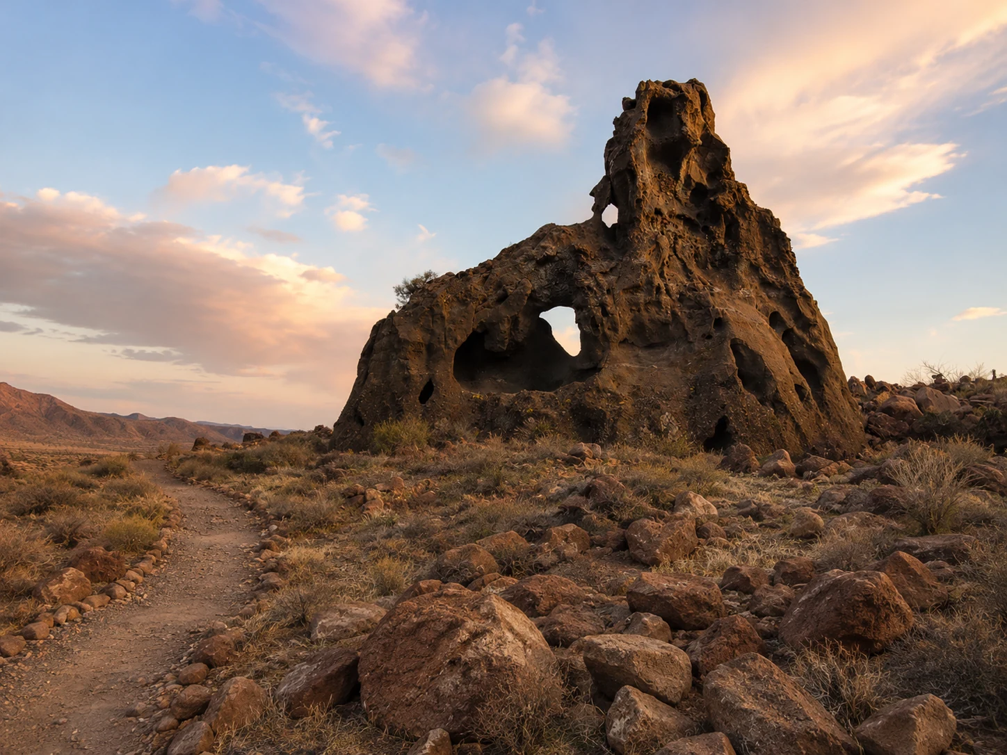 Durchlöcherte vulkanische Felsformation im Mojave National Preserve im warmen Abendlicht