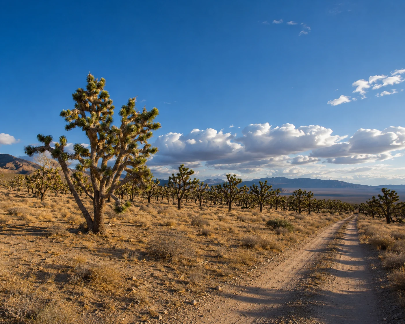 Joshua Trees entlang einer unbefestigten Piste im Mojave National Preserve