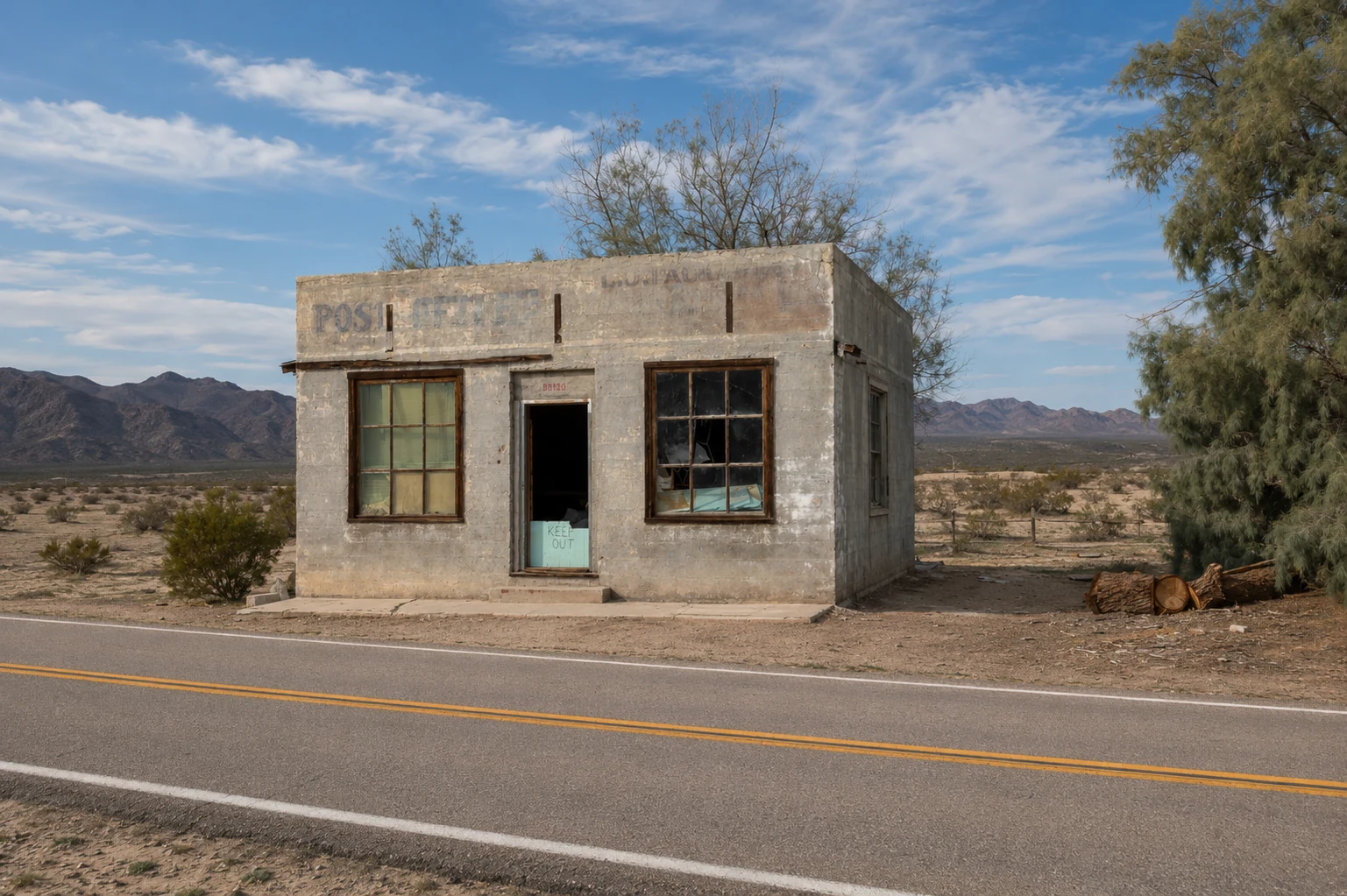 Historisches Postgebäude bei Kelso vor der Berglandschaft der Mojave-Wüste
