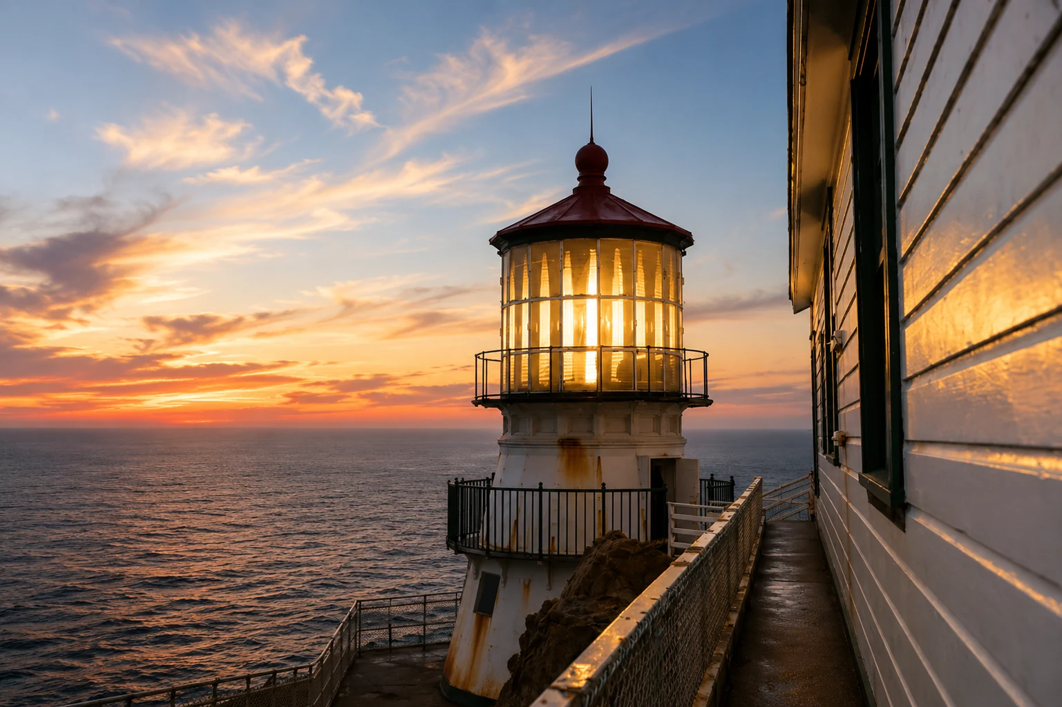 Leuchtfeuer des Point Reyes Lighthouse im warmen Abendlicht