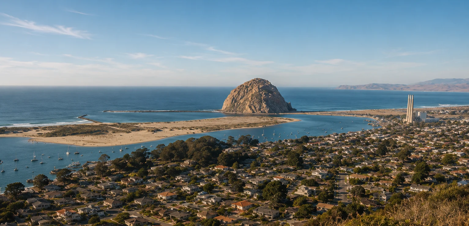 Panoramablick über Morro Bay, den Hafen und Morro Rock an der kalifornischen Central Coast