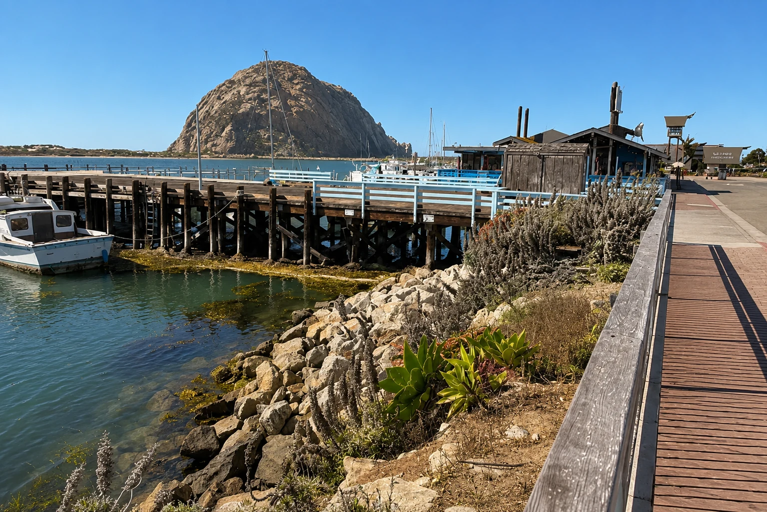 Hafenpromenade am Embarcadero mit Booten und Morro Rock im Hintergrund