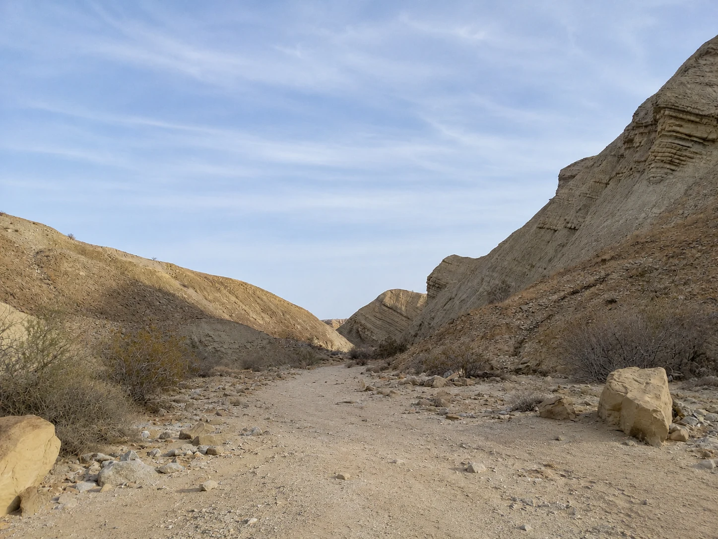 Trockener Wash zwischen hellen Badlands im Anza-Borrego Desert State Park