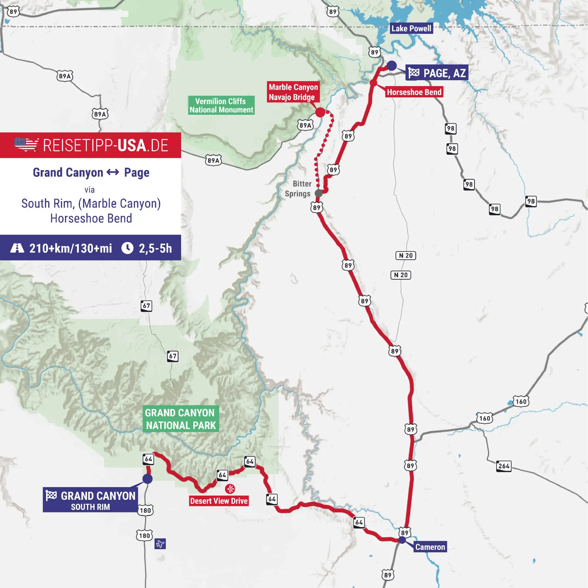 Karte des Streckenabschnitts vom Grand Canyon South Rim nach Page