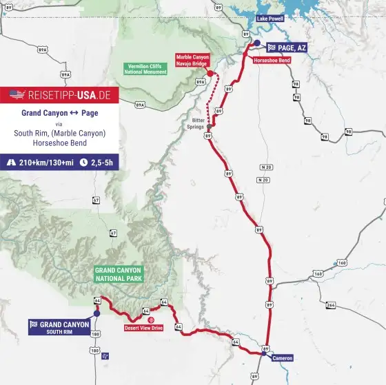Kartenbild für die Route vom Grand Canyon nach Page